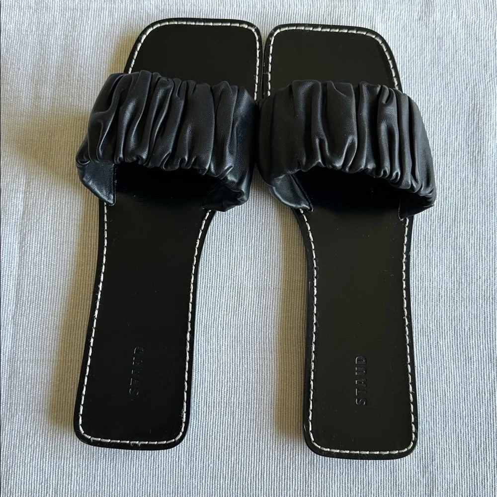 STAUD Black Nina Ruched Slide Slip On Leather Sandal Made in Portugal, Size 9 - Picture 4 of 14